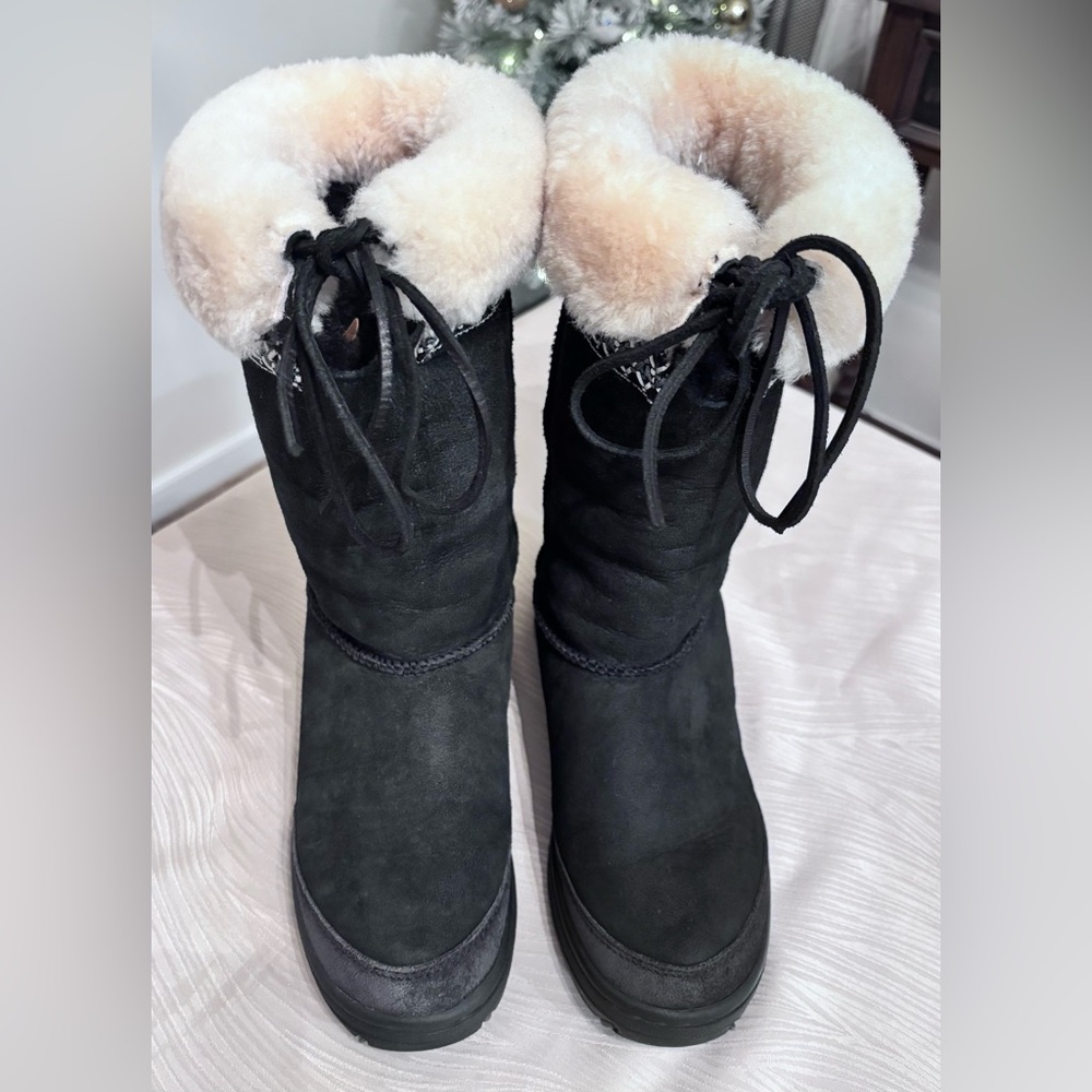 UGG Black Suede Boots with Cream Fur Trim